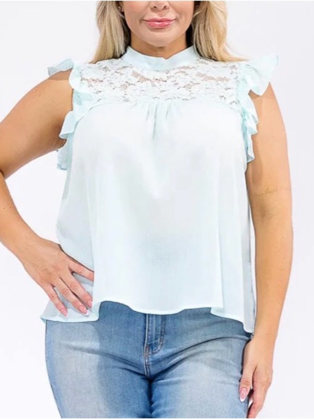 Sky Light Blue Lace Yoke Ruffle Sleeveless Camisole